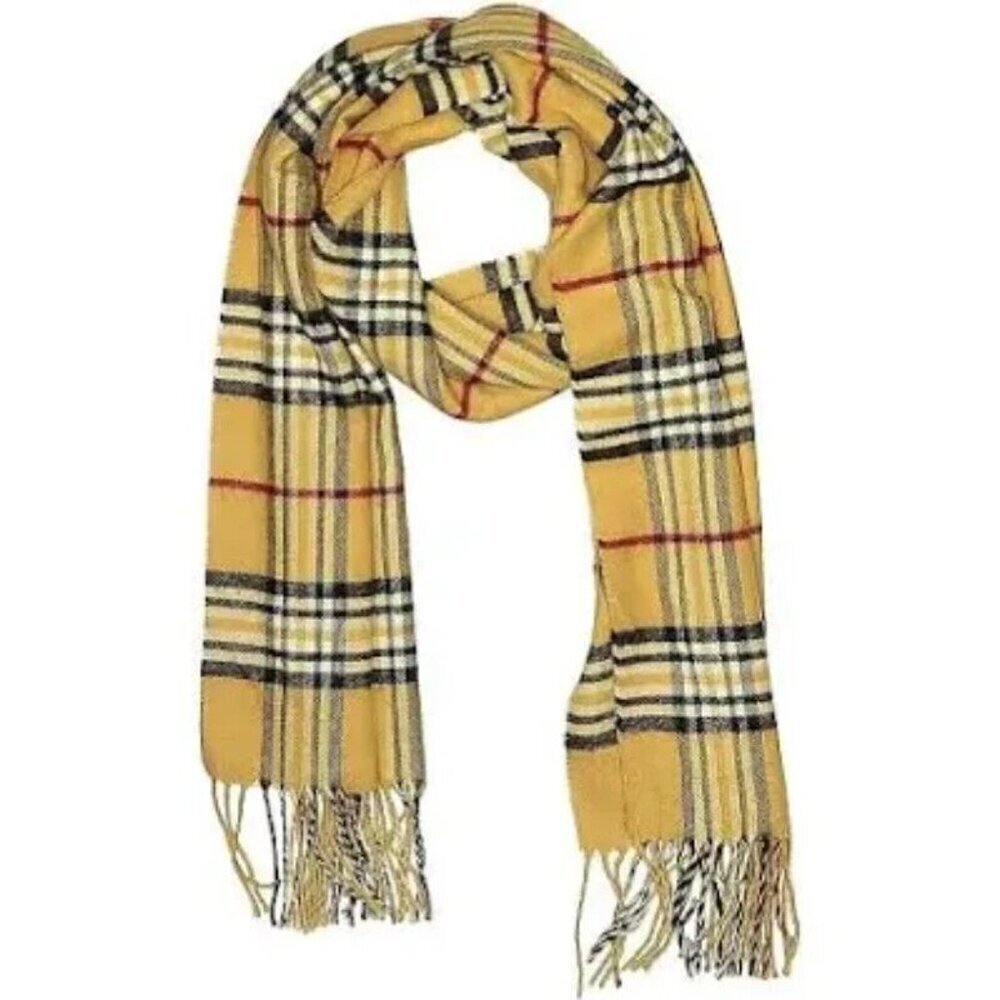NEW V.FRAAS CASHMINK UNISEX MUSTARD PLAID FRINGE SCARF MADE IN GERMANY - Picture 5 of 5